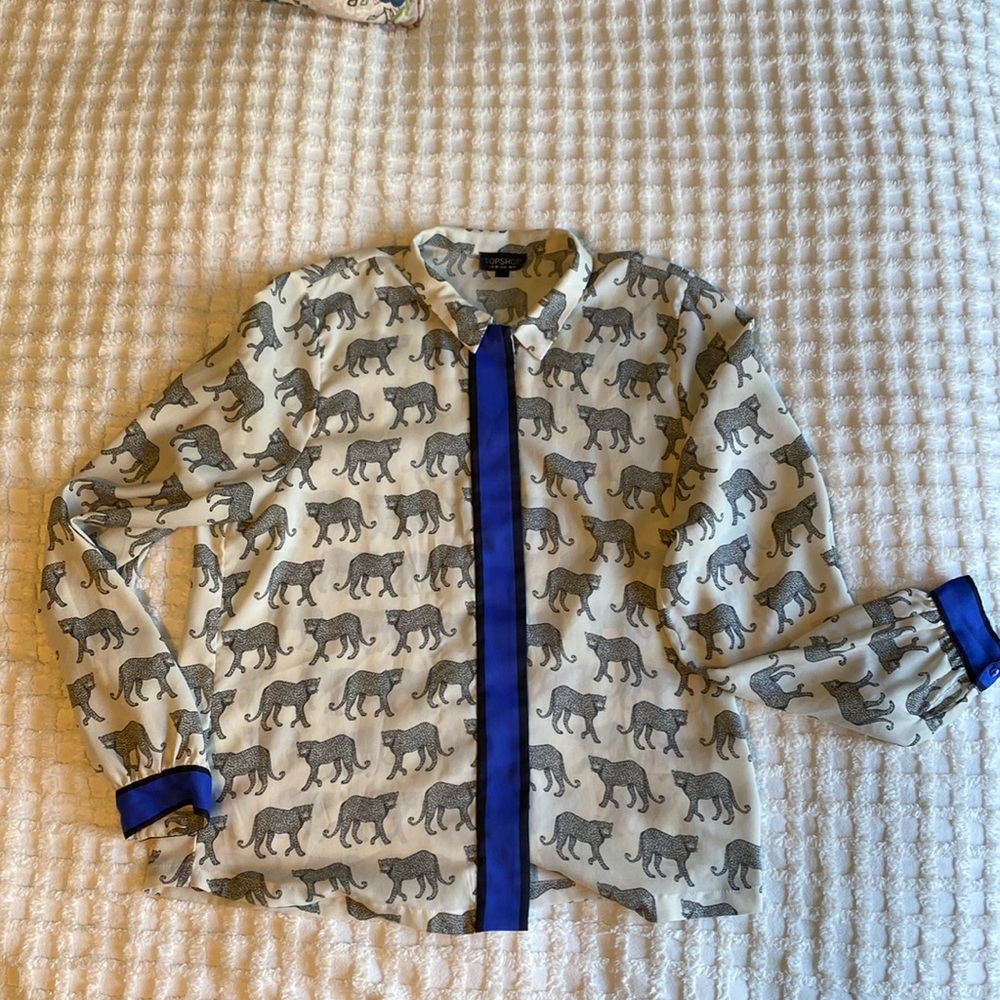 Topshop Cream and Gray Leopard Print Button-Up Blouse with Blue Trim